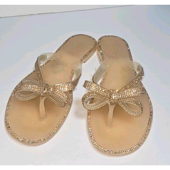 NICOLE MILLER Rose Gold Pink Color Jelly Sandals Rhinestone Bow Accent Size 8 - Picture 2 of 7